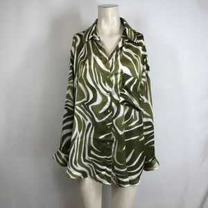HAVER LONDON Zebra Print Satin Button Down Long Sleeve Shirt Women's L